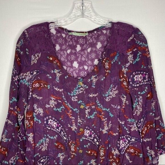 Maurices Purple Sheer Button Down Paisley Floral 3/4 Sleeves Drawstring Waist M - Picture 3 of 9